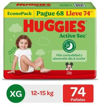 Pañales Huggies Active Sec XG 74u